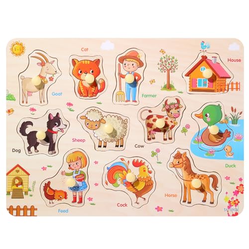 LEBKFT Animal Peg Puzzles Wooden Toys for 1 Year Old Boys and Girls Montessori Learning Toys for Toddlers Birthday Gifts Preschool Educational Toys Toddlers Age 1-3 (Farm)