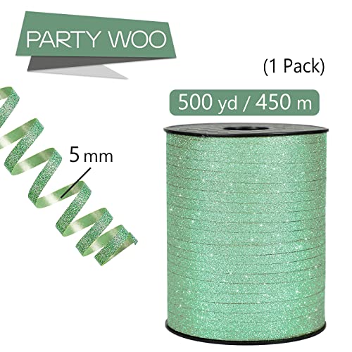 Image of PartyWoo Green Ribbon, 500 Yard, Sage Green Curling String Balloon Thin Gift Glitter Ribbon for Gift Wrapping Balloons Presents Floral Graduation Christmas Birthday Wedding Party Decorations (1 Roll)