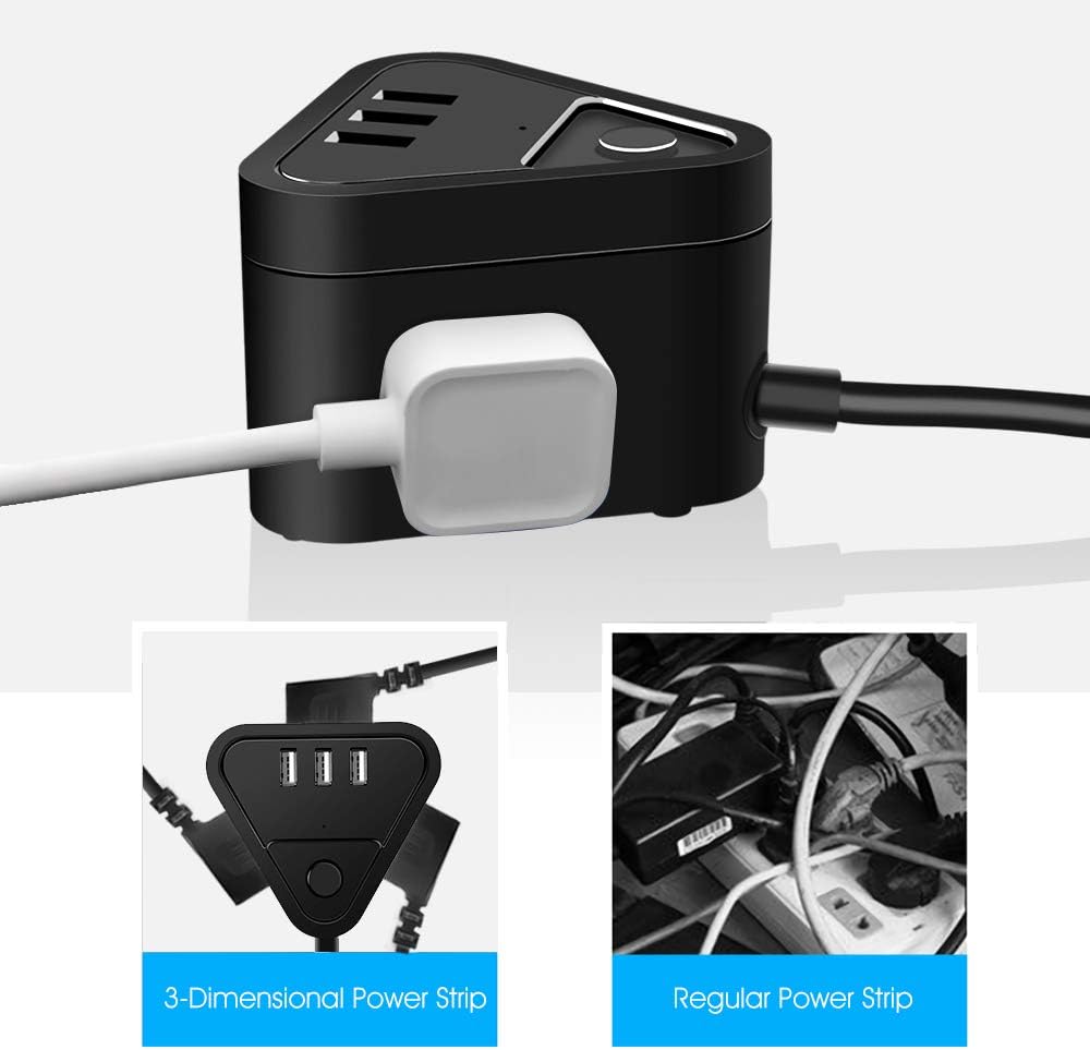 Small Power Strip with USB, PowerPort Cube with 3 Outlets and 3 USB Ports, Portable Design, 5.5 Ft Extension Cord, Cruise Travel, Desktop Multi-Plug Outlet, Child Protectors Compact Socket, Black