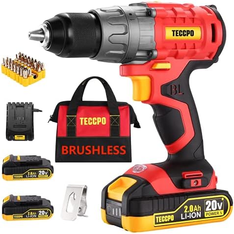 TECCPO Cordless Drill Set 20V Brushless Drill Driver 2x 20Ah Li-ion Batteries 530 In-Lbs Torque 1/2” All-Metal Chuck 21+1 Torque Settings 0-1500