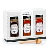 Coffret cadeau 3 miels de France et cuillère à miel - Coffret cadeau 3x125g...