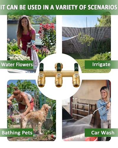LNEZCDB 3 Way Hose Splitter, Heavy Duty Full Flow Garden Water Hose Bib Spigot Splitter, Brass Rust and Freeze Resistant Outdoor Faucet Splitter, T Adapter Connector with 3/4 - Inch GHT Thread （Green）