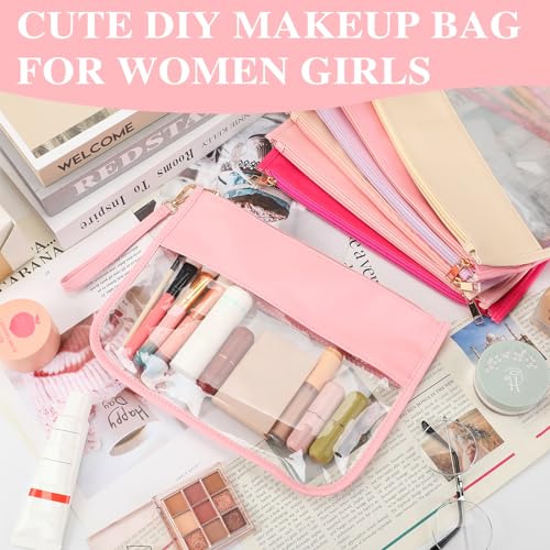 Irenare 16 Pcs Clear Makeup Bag Toiletry Flat Zipper Pouch Preppy Waterproof Clear Cosmetic PVC Pouch with Wristlet Toiletry DIY Chenille Letter Snack Bag for Women(Macaron Pink)3