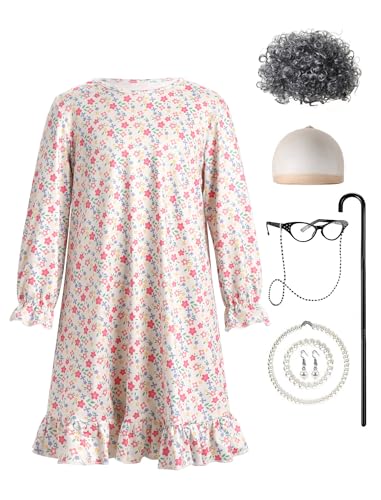 Conjunto de disfraces de anciana con pelucas de abuela gris y sombrero de peluca de abuelita, gafas, Cha nes de gafas, collar de perlas IWEMEK blanco a 5-6y