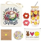 JoycuFF Softball Gifts for Girls Softball Stuff for Teen Girls with Glass Cup Makeup Bag Canvas Bag Necklace Hair Scrunchies Stickers Sport Accessories Birthday Gifts for Team Player