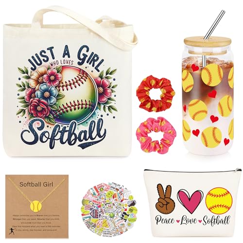 JoycuFF Softball Gifts for Girls Softball Stuff for Teen Girls with Glass Cup Makeup Bag Canvas Bag Necklace Hair Scrunchies Stickers Sport Accessories Birthday Gifts for Team Player