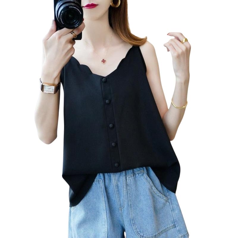 Women’s Sleeveless V-Neck Top Loose Fit Solid Color Summer Wear Polyester Tank Top-image-5