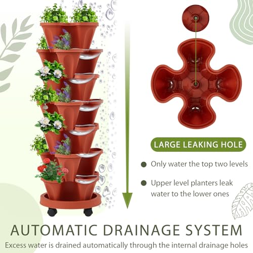 Umigy 2 Set of 7 Tier Vertical Planter Stackable Tower Planters Strawberry Herb Flower and Vegetable Pots Indoor Outdoor Gardening Pots with Removable Wheels and Tools(Brick Red) by Umigy - Image 4
