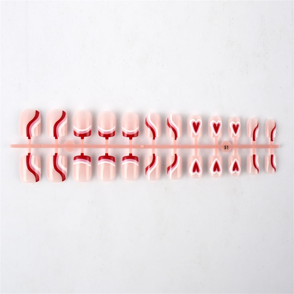 24 Pcs Valentines Day French Tip False Nails Heart Stripes Acrylic Nails Short Stick on Nails for Woman
