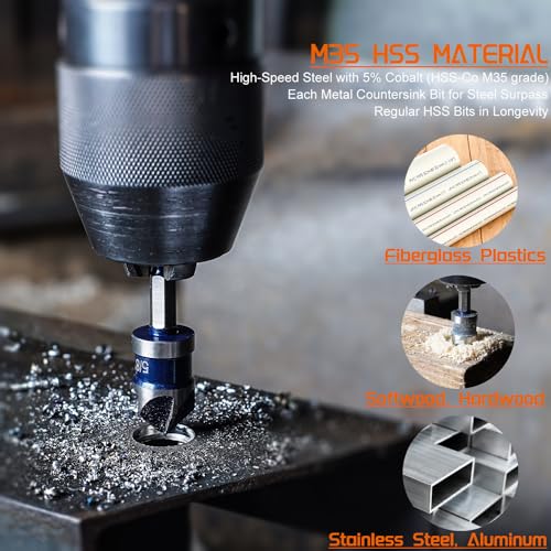 1Wanyue LE500BL Professional Countersink Drill Bit Set, M35 Cobalt Countersink 5 Pieces High Speed Steel 82 Degree 5 Flute Hex Shank Mill Cutter Bit Countersunk In Sizes 1/4 Inch 3/8 Inch 1/2 Inch 5/8 Inch 3/4 Inch Set Hss Metal Bits thumb #4