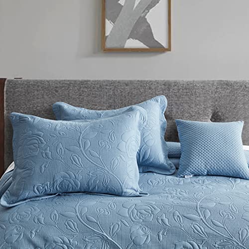 Chixin Bedspread Coverlet Set Queen Size - Lightweight Bedding Cover - Ultrasonic Quilting - 4 Piece Reversible Bedspread - Vintage Rose Pattern (Queen, Ashley Blue) #TOP3