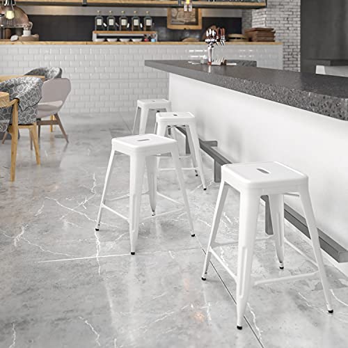 Flash Furniture Kai Commercial Grade 24" High Backless White Metal Indoor-Outdoor Counter Height Stool with Square Seat by Flash Furniture - Image 2
