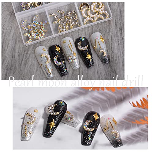 Weilusi Gold Moon Nail Art Charms Kit 3D Alloy Nail Art Decoration -Mixed Ab Crystal Rhinestones Pearl Nail Charm Jewelry Metal Moon Studs Manicure Accessories For Women Nails Design Diy Craft #TOP2