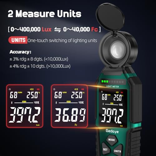 Light Meter Lux Foot Candles Meter 0~400,000 Lux Range, Large Backlit Display, Light Meter for Plants Luxmeter Light Meter Digital Illuminance Meter Handheld