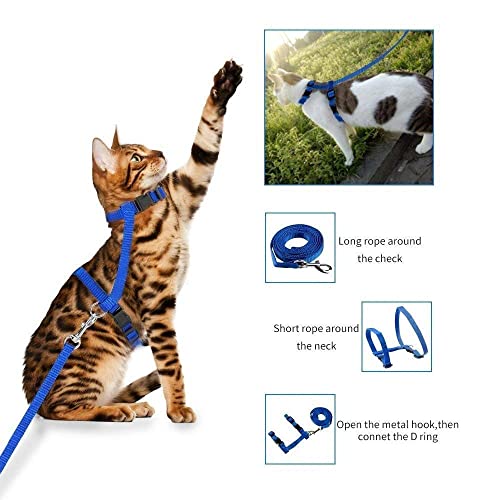 Image of Cat & Small Pet Nylon Strap Collar with Adjustable Walking Harness Leash Pet Walking for Kitten- Plain (Blue)