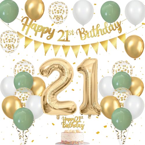 Decoration Anniversaire 21 ans, Ballon Anniversaire 21 ans Vert Or, Confettis, Banderole Joyeux, Ballons de Baudruche Vert Sauge pour Femme Homme