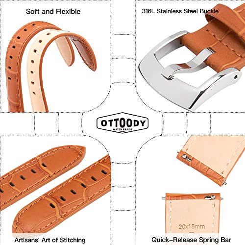 Ottoody Alligator Grain Leather Watch Bands, Quick Release Top Grain Leather Watch Straps For Men & Women - Choice Of Color & Width 18Mm, 20Mm, 21Mm Or 22Mm, Wristband For Watch & Smartwatch #TOP3