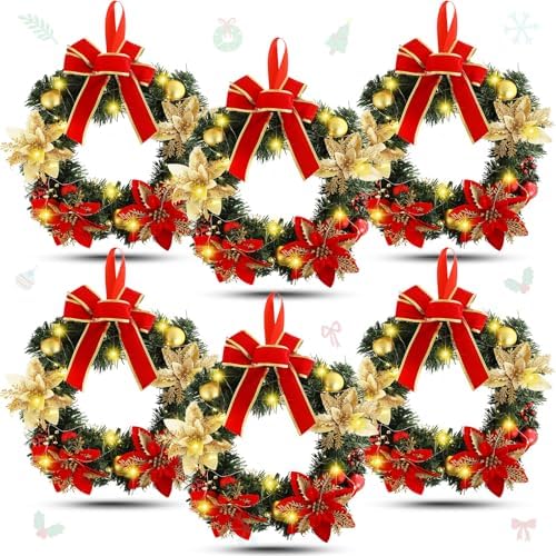 Lyrow 6 Pcs Lighted Christmas Wreath with Red Bow Ornament