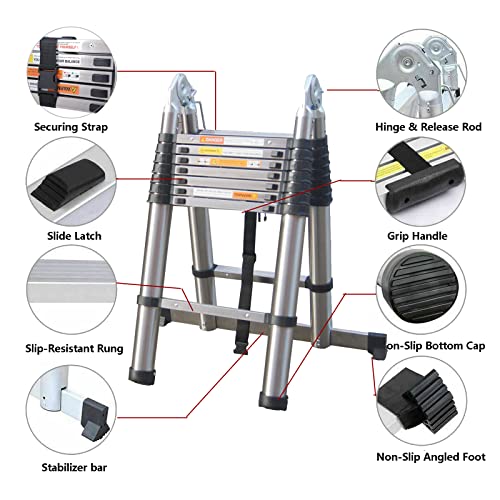 Telescoping Ladder A-Frame Multi-Purpose Stainless Steel Extension Ladder, 2 In 1 Collapsible Ladders For Home- As 16.4Ft Straight Ladder + Herringbone Ladder, 330Lb Capacity, For Roof, Ceiling, Attic #TOP1