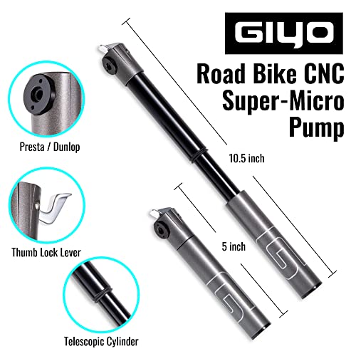 GIYO Mini Bike Pump for Road Bikes – Presta Valve, 120 PSI CNC Telescopic Barrel, Lightweight & Portable, Secure Valve Lock, Taiwan-Made (GM04)