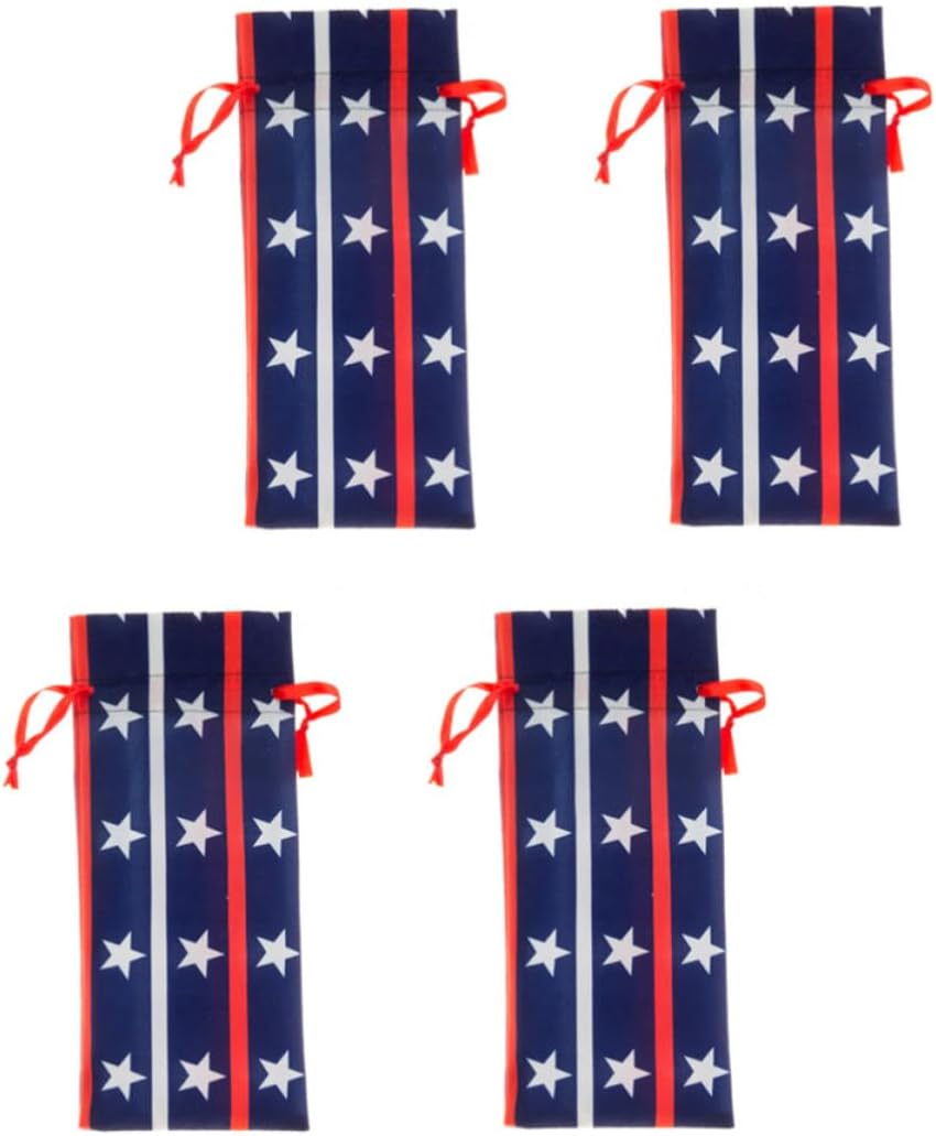 BAZEITFLOW 4pcs Flannel Wine Drawstring Bags for Independence Day Wine Bottle Covers for United States Independence Day Dinner Table Decoration