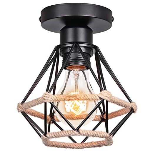 STOEX plafonnier industriel design rétro, éclairage de plafond en métal corde de chanvre, lampe cage chambre vintage lustre noir Ø160mm, ampoules E27 max.60W