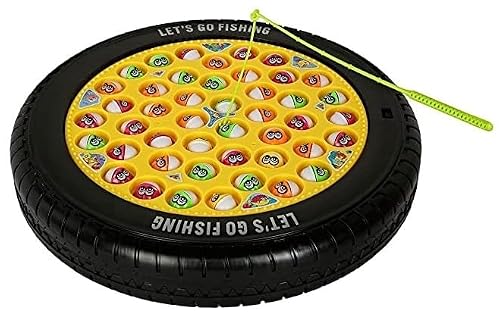 Goyal's Tyre Shape Fishing Game Rotating Musical Fish-Catching Toy with 45 Fishes & 4 Rods Interactive Family Game for Kids (Black)