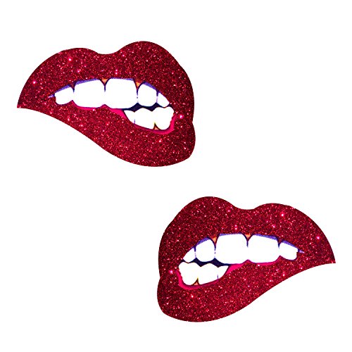 Neva Nude Red Bite Me Glitter Lip Nipztix Pasties Nipple Covers for Festivals, Raves, Parties, Lingerie and More, Medical Grade Adhesive, Waterproof and Sweatproof, Made in USA