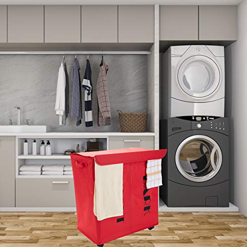 Mind Reader Double Rolling Hamper Laundry Sorter With Lid, Wheels, Handles, Red #TOP1