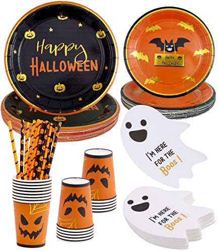 Halloween Party Supplies â€“ Serves 16â€“Includes Halloween Plates Halloween Cups Halloween Napkins Paper Straws for Halloween Birthday Decorations Kids Pumpkin Plates Halloween dinnerware set