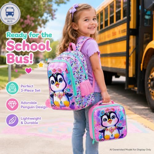 Image of 16 inch Girls Backpack, 16 inch Kids Bookbag with Lunch Box,Penguin School Backpacks for Elementary Preschool Kindergarten (Pink)