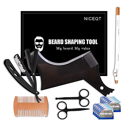 Beard Shaper - Beard Shaping Tools - Include Beard Template Guide, Professional Straight Edge Razor, 10 Count of Double Edge Blade, Barber Pencil, Beard Comb, 2 Stainless Steel Scissors