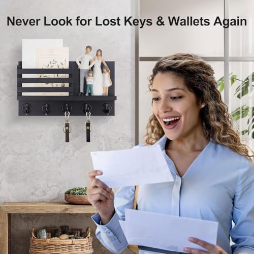 Image of PEDEX - Wall Mounted Wooden Key Holder with Shelf | Multipurpose Entryway Organizer for Keys, Sunglasses, Mail, Plants Great for use in entryways, hallways, Kitchens, or Offices