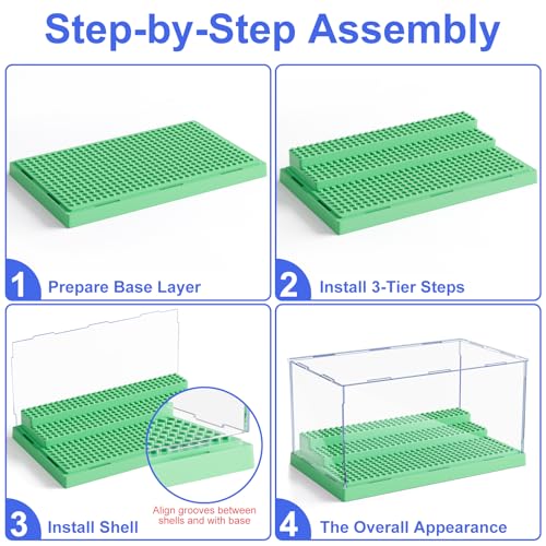 Image of Mlikero Display Case for Minifigures Action Figures Blocks, Clear Acrylic Minifigure Display Case Box Storage, Dustproof Showcase with 3 Movable Steps Gift for Kids, Green