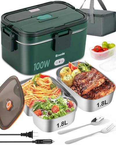 Image of Electric Lunch Box Food Heater 100W, Food Warmer with Dual Container 1.8L Portable Heated Lunch Box for Car Truck Work Stainless Steel Fork & Spoon 12 /24 /110V for Adults Lonchera Electrica