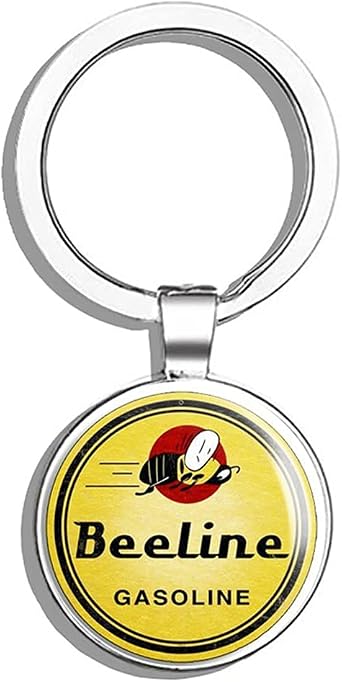 Round Vintage BEELINE Gas Gasoline Logo Old Rat Rod Double Sided Stainless Steel Keychain Key Ring Chain Holder Car/Key Finder