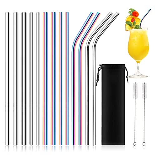 13er Edelstahl Strohhalme Wiederverwendbar, Trinkhalme mit 2 Reinigungsbürsten, 6mm & 8mm Metall und Regenbogen-Trinkhalme, Ideal Für Cocktail, Bar, Smoothie, Saft, Milkshake Cover