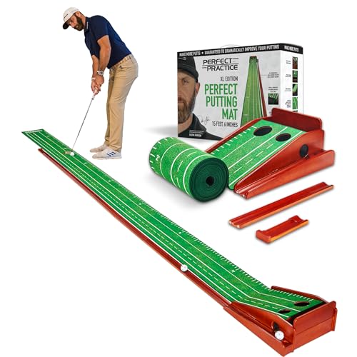 PERFECT PRACTICE XL Putting Mat – 15.5 ft Indoor Golf Putting Green w/ 2 Holes - Putting Matt for Indoors and Outdoors Practice - Golf Training Aid for Home - Golf Accessories and Gifts for Men