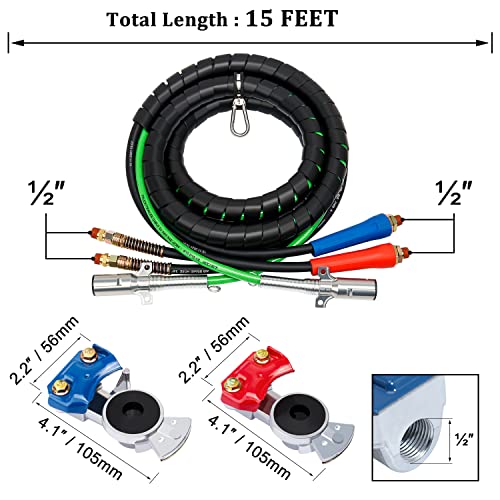 Cheemuii Semi Truck Air Line Kit 15Ft 3 In 1 Airline Air Hose Truck Trailer With 37 Degree Angled Glad Hands With 4Pcs Seals #TOP1
