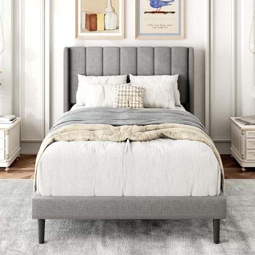 Gruwans Twin Bed Frames with Wingback Headboard, Upholstered Platform Beds, No Box Spring Needed Sturdy Wooden Slat Support, Easy Assemble, Light Gray Gruwans Twin Bed Frames with Wingback Headboard, Upholstered Platform Beds, No Box Spring Needed Sturdy Wooden Slat Support, Easy Assemble, Light Gray - Image 1