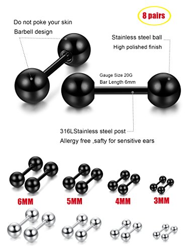 Loyallook 8 Pairs Stainless Steel Ball Stud Earrings Barbell Cartilage Helix Ear Piercing 3-6Mm White/Black 20G #TOP1