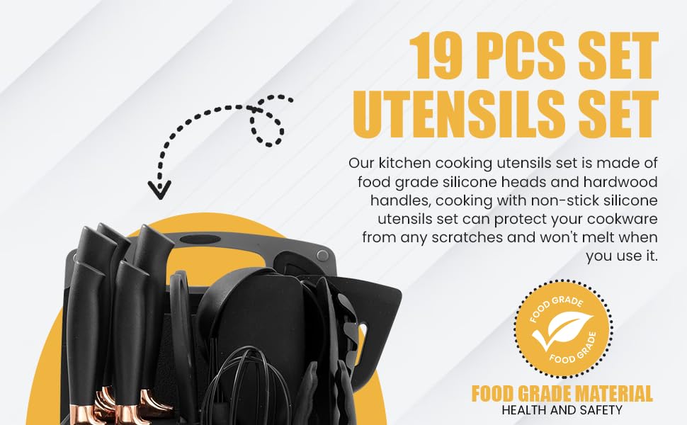 A&K's Silicone Utensils set, non-stick cooking set, silicone spatula, Heat resistant, 6 pieces knife set, cutting board (19 Pcs Black)