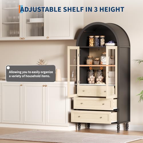 Image of Garvee 71 inch Arched Cabinet with Glass Doors, Modern Tall Kitchen Pantry Storage with Adjustable Shelves, Wood Display Bookcase for Living Room, Dining Room