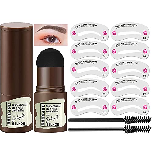 One Step Eyebrow Stamp Shaping Kit, Brow Stamp Shaping Kit Eyebrow Definerï¼ŒHairline Shadow Powder Stickï¼ŒPerfect Brow Pomade â€‹Stamp With 10 Reusable Eyebrow Stencils and 2PCS Eyebrow Brush(Black-brown)