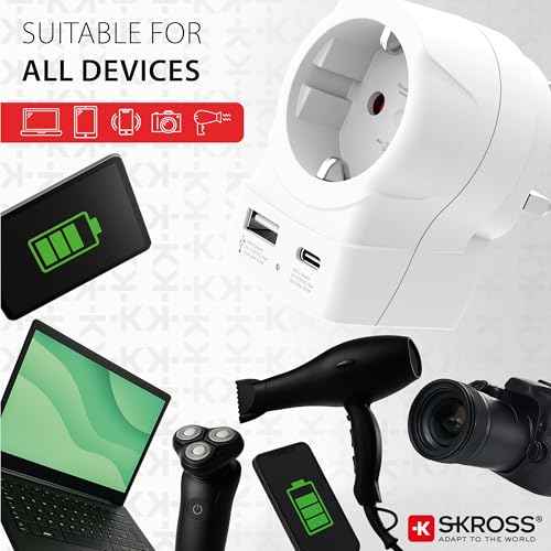 SKROSS Adattatore da viaggio USB AC20PD da Europa a Regno Unito con alimentazione USB‑C e ricarica USB‑A, convertitore svizzero per laptop, telefoni e tablet, adattatore per presa UK (tipo G)