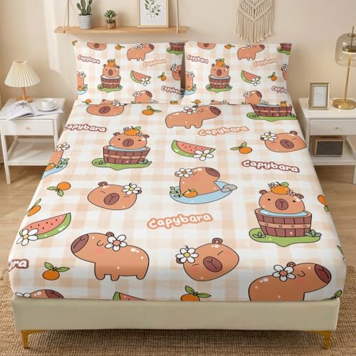 AILONEN Cute Capybara Fitted Sheet Set Twin Size, Cartoon Capybara Orange Bedding Set for Kids Teens Girls Boys,Kawaii Animal Bed Sheet Set,1 Fitted Sheet + 2 Pillowcases,3Pcs
