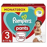 Pampers Windeln Pants Größe 3 (6-11kg) Baby-Dry, Midi mit Stop- und Schutz Täschchen, MONATSBOX, 180 Höschenwindeln