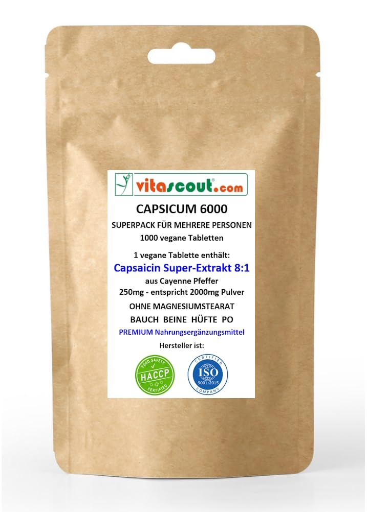 CAPSICUM 6000 Extrakt 1000 Tabletten - Capsaicin aus Cayenne-Pfeffer - Extrakt 8:1 - Chili POWER - F-BURNER - Diät Unterstützung & (Fett) Stoffwechsel