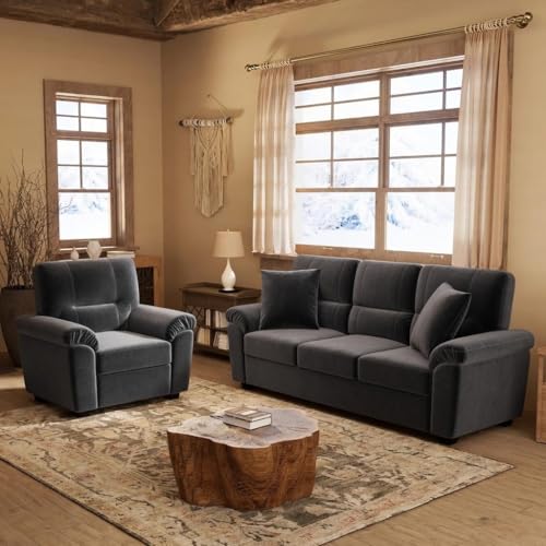 Image of Anderson Dark Grey Fabric Sofa Set 4 Seater (3+1), Premium Velvet Finish Upholstery, Solid Frame, High Density Foam Cushions, Modern Living Room Sofa, (Dark Grey Fabric, 3+1 Seater)