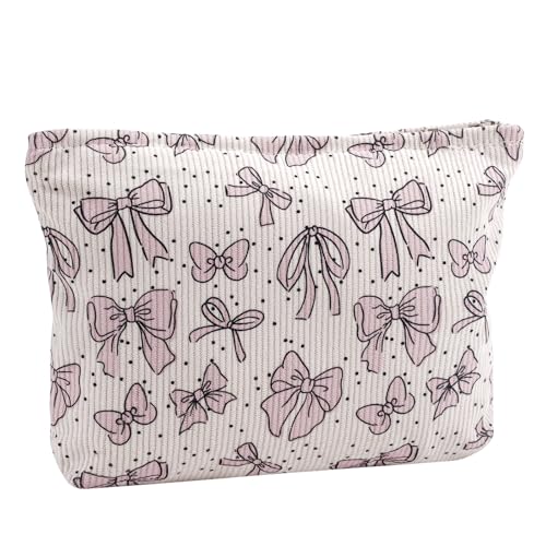 uekeboag Cute Soft Corduroy Zipper Makeup Bag for Purse, Coquette Aesthetic Pouch with Pinkbow Pattern for Women Girls, Brushes Storage Travel Cosmetic Bags(03Purple Bow)